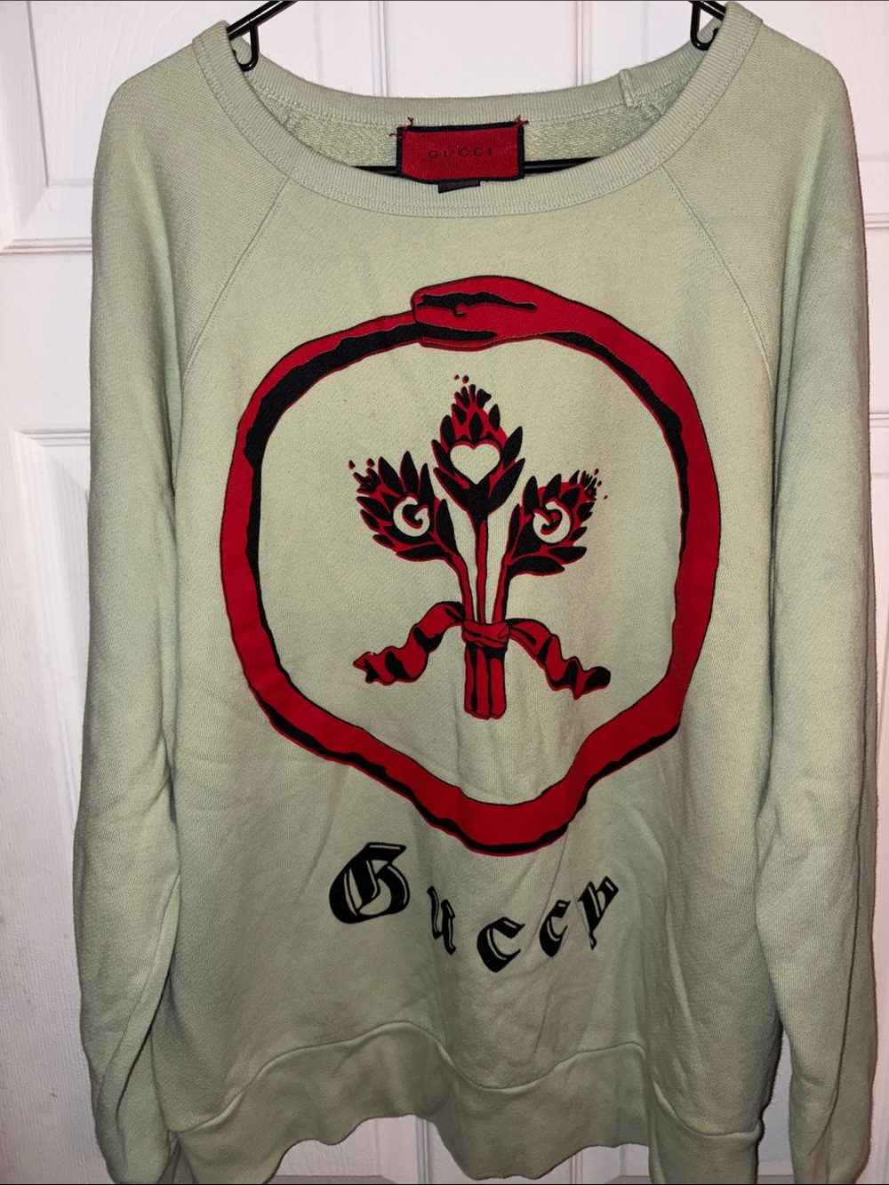 Gucci Light Green Crewneck Sweatshirt with Red Graphic Snake Emblem